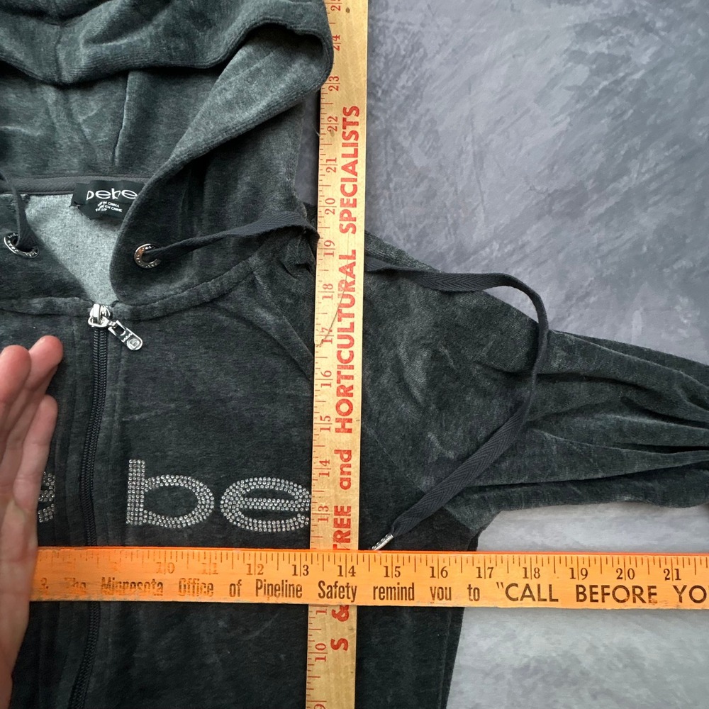 Bebe Vintage Y2K Velour Rhinestone Logo Zip Up Hoodie Charcoal Grey Small - Picture 5 of 6